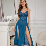 Blue Straps Lace V Neck See Through Sexy Erotic Gown Tracksuit Long Lingerie