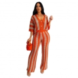 Orange Short Sleeve Deep V Neck Knitting Hollow Casual Two Pieces Pant Sets