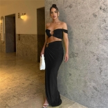 Black Two Pieces Strapless Crop Top Pleated Slit Sexy Party Maxi Dress