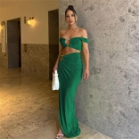 Green Two Pieces Strapless Crop Top Pleated Slit Sexy Party Maxi Dress