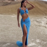 Blue Two Pieces Strapless Crop Top Pleated Slit Sexy Party Maxi Dress