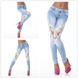 Blue Lace Hollow Out Women Denim Leggings