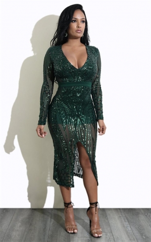 Green Long Sleeve Sequins Low-cut Slit Midi Dress