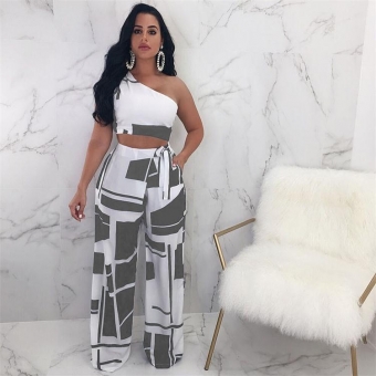 Gray Off-shoulder Printed Two-pieces Club Dress