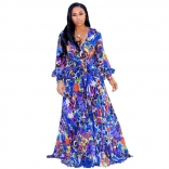 Blue Long Sleeve Summer Chiffion Women Maxi Dress