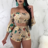 Beige Off-shoulder Printed Short Sets