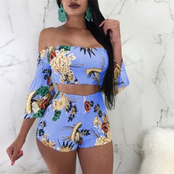 Blue Off-shoulder Printed Short Sets