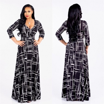 Black Printed Seven Sleeve Long Eevning Dress