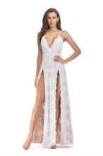 White Low-cut Sequins Halter Sexy Long Dresses