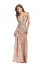 Beige Low-cut Sequins Halter Sexy Long Dresses