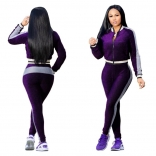 Purple Long Sleeve Velvet V-Neck Zipper Catsuit Dress