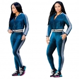 Green Long Sleeve Velvet V-Neck Zipper Catsuit Dress