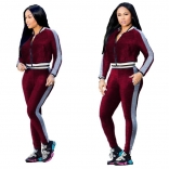 WineRed Long Sleeve Velvet V-Neck Zipper Catsuit Dress