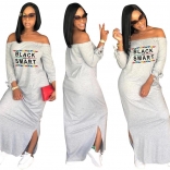 Grey Long Sleeve Printed Fashion Women Long Dress