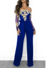 Blue Golden Long Sleeve Lace Women Sexy Jumpsuit