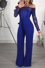 Blue Long Sleeve Lace Women Sexy Jumpsuit