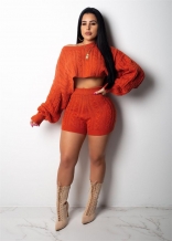 Orange Long Sleeve O-Neck Sweater Short Sets