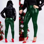 Green Women Fashion Sequins Trousers