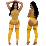 Yellow Women Sexy Hollow-out Trousers