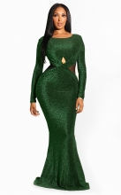 Green Long Sleeve Backless Silk Bodycons Evening Long Dress