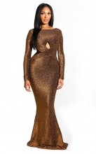 Brown Long Sleeve Backless Silk Bodycons Evening Long Dress