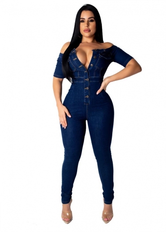 RoyalBlue Short Sleeve Bodycons Jeans Sexy Jumpsuit