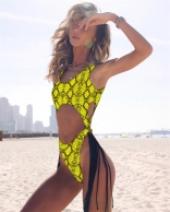 Yellow Leopard  Sleeveless Tassels One-Piece Swimwear