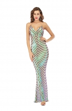 Green Sleeveless Halter V-Neck Sequins Women Evening Dress