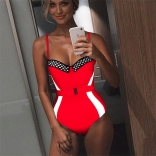 Red Halter V-Neck Sexy One-Piece Swimwear