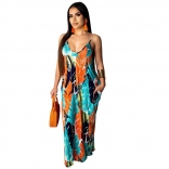 Green Halter V-Neck Women Fashion Printed Maxi Dress