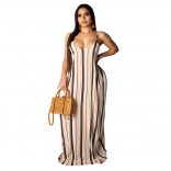 Khaki Halter V-Neck Women Fashion Printed Maxi Dress