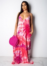 Red Halter V-Neck Women Fashion Printed Maxi Dress