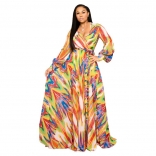 Orange Long Sleeve V-Neck Printed Women Maxi Dress