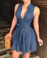 Blue Sleeveless V-Neck Women Belted Skirt