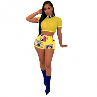 Yellow Short Sleeve Mesh Tops Printed Pants Dress