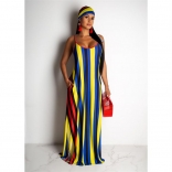 Yellow Sleeveless V-Neck Stripped Printed Jersey Dress