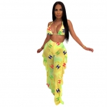 Yellow Halter Mesh Women 2PCS Sexy Printed Dress