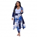 Blue Short Sleeve Printed Women 2PCS Fashion Jersey Dress