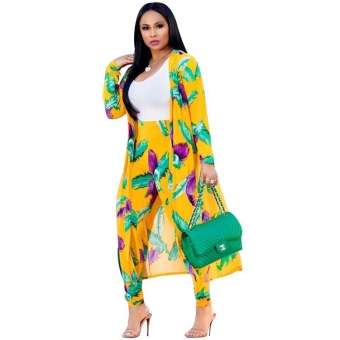 Yellow Green Short Sleeve Printed Women 2PCS Fashion Jersey Dress