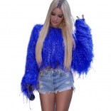 Blue Long Sleeve Tassels Sequins Women Sweaters