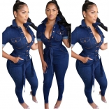 Blue Short Sleeve V-Neck Sexy Jumpsuit