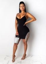 Black Sleeveless Halter V-Neck Sexy Tassels Mini Dress