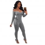 Light Grey Long Sleeve Low-Cut V-Neck Cotton Women Sexy Bodycon Jumpsuit