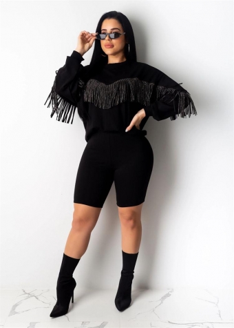 Black Long Sleeve Tassels Bodycon Women Pant Sets