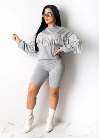 Grey Long Sleeve Tassels Bodycon Women Pant Sets