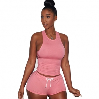 Pink Sleeveless Halter Women 2PCS Sexy Short Sets