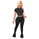 Black Short Sleeve O-Neck Mesh Bandage Women Jumpsuit