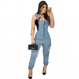 Blue Halter Sleeveless Zipper Sexy Jeans Jumpsuit