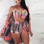 Pink Long Sleeve Printed Halter V-Neck 3PCS Short Sets