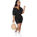 Black Off-Shoulder V-Nek 2PCS Women Sexy Pant Sets